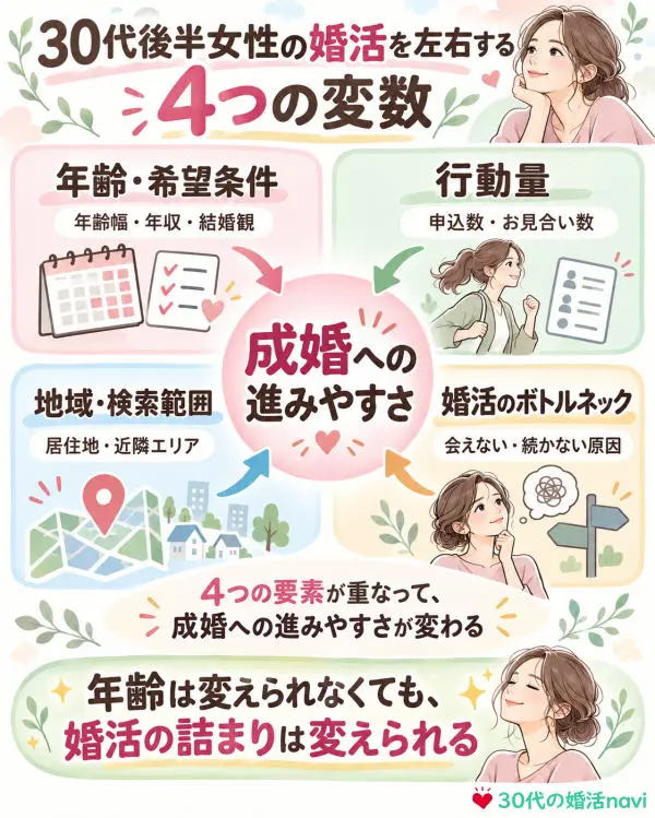 30代後半女性の婚活を左右する4つの変数