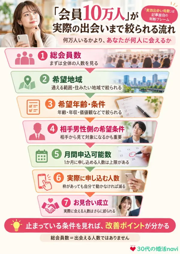 「会員10万人」が実際の出会いまで絞られる流れ